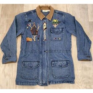 Coldwater Creek S Denim Barn Jacket Embroidered Zip Jean Corduroy Collar Pockets